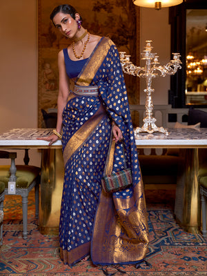 Blue Khadi Copper Zari Saree With Blouse Piece