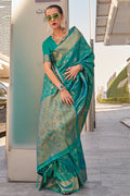 Blue Banarasi Silk Saree With Blouse Piece