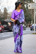 Blue Satin Silk Saree With Blouse Piece