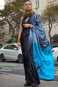 Black & Blue Satin Silk Saree With Blouse Piece