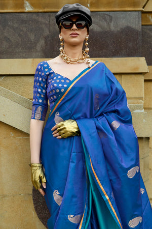 Blue Banarasi Silk Saree With Blouse Piece