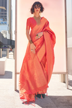 Orange Banarasi Silk Saree With Blouse Piece