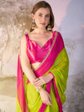 Green And Pink Chiffon Colorblocked Saree With Blouse Piece