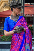 Pink & Blue Satin Silk Saree With Blouse Piece