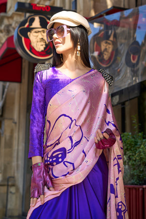 Blue & Pink Satin Silk Saree With Blouse Piece