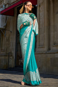 Teal Satin Silk Saree With Blouse Piece