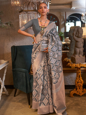 Grey Linen Saree With Blouse Piece