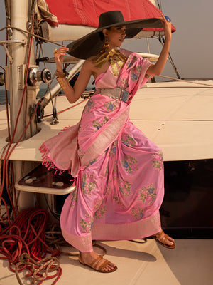 Pink Chinon Nylon Saree With Blouse Piece