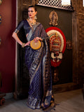 Blue Satin Saree With Blouse Piece