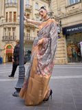 Grey Printed Poly Brasso Saree With Blouse Piece