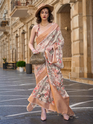 Tan Printed Poly Brasso Saree With Blouse Piece