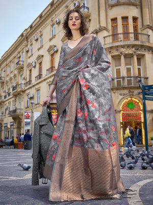 Grey Printed Poly Brasso Saree With Blouse Piece