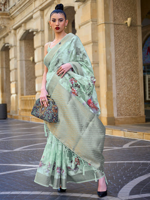 Green Printed Poly Brasso Saree With Blouse Piece