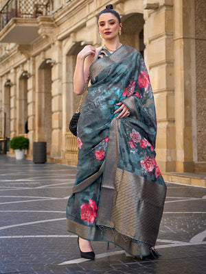 Sea Green Printed Poly Brasso Saree With Blouse Piece