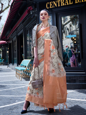 Tan Printed Poly Brasso Saree With Blouse Piece