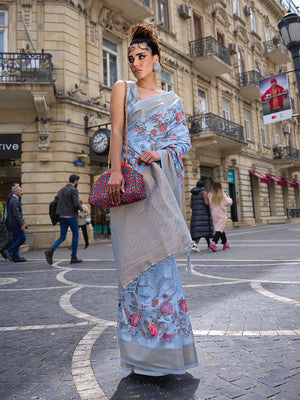 Blue Printed Poly Brasso Saree With Blouse Piece