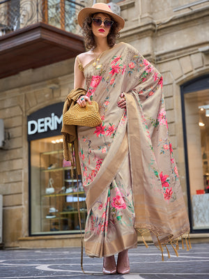 Cream Silk Printed Saree With Blouse Piece