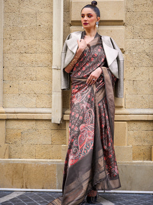 Brown Silk Printed Saree With Blouse Piece