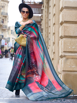 Multicolor Silk Printed Saree With Blouse Piece