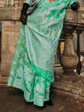 Cyan Organza Chickankari Saree With Blouse Piece