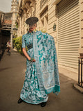 Blue Organza Chickankari Saree With Blouse Piece