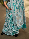 Blue Organza Chickankari Saree With Blouse Piece