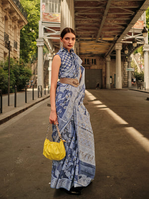 Blue Organza Chickankari Saree With Blouse Piece