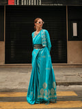 Cyan Satin Saree With Blouse Piece