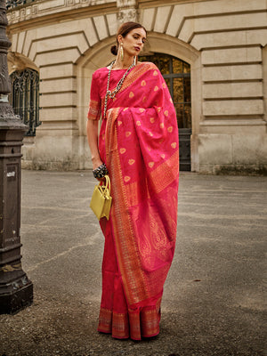 Pink Silk Blend Saree With Blouse Piece