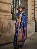 Blue Silk Blend Saree With Blouse Piece