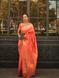 Orange Silk Blend Saree With Blouse Piece