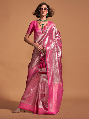 Pink Kanjivaram Silk Saree With Blouse Piece