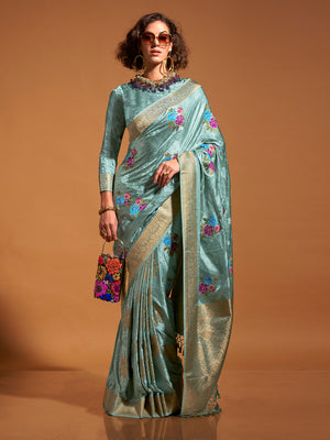 Green Satin Saree With Blouse Piece