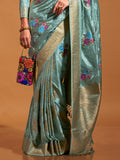 Green Satin Saree With Blouse Piece