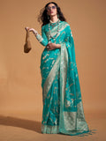 Teal Blue Georgette Nylon Saree With Blouse Piece