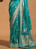 Teal Blue Georgette Nylon Saree With Blouse Piece