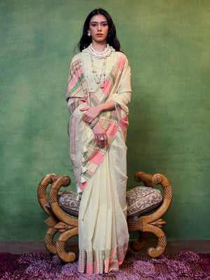 Cream Party Wear Silk Saree With Blouse Piece