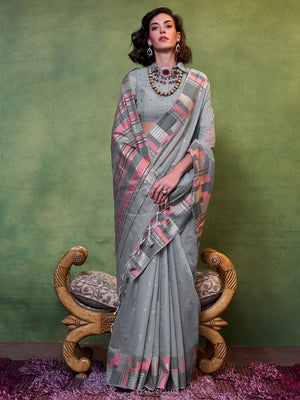 Grey Party Wear Silk Saree With Blouse Piece