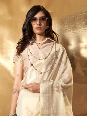 Cream Party Wear Linen Saree With Blouse Piece