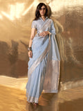 Sky Blue Party Wear Linen Saree With Blouse Piece