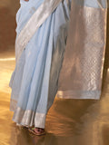 Sky Blue Party Wear Linen Saree With Blouse Piece