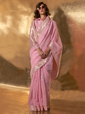 Baby Pink Party Wear Linen Saree With Blouse Piece