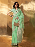 Mint Green Party Wear Linen Saree With Blouse Piece