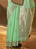 Mint Green Party Wear Linen Saree With Blouse Piece