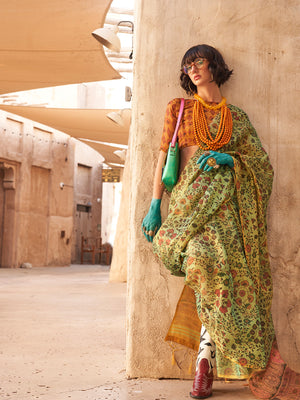 Green Printed Zari Tissue Saree With Blouse Piece