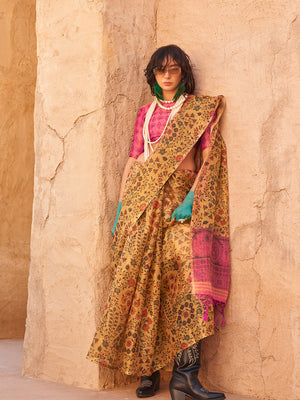 Yellow Printed Zari Tissue Saree With Blouse Piece