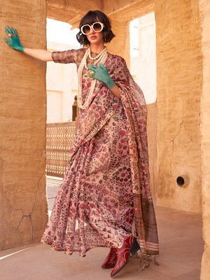 Pink Printed Zari Tissue Saree With Blouse Piece