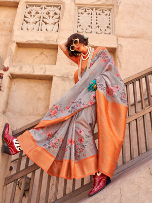 Grey Georgette Printed Saree With Blouse Piece