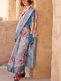 Grey Georgette Printed Saree With Blouse Piece