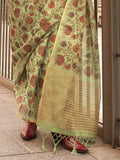 Green Printed Zari Tissue Saree With Blouse Piece